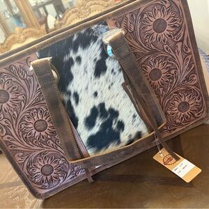 Brown and Black Floral Leather & Cowhide Western style Purse